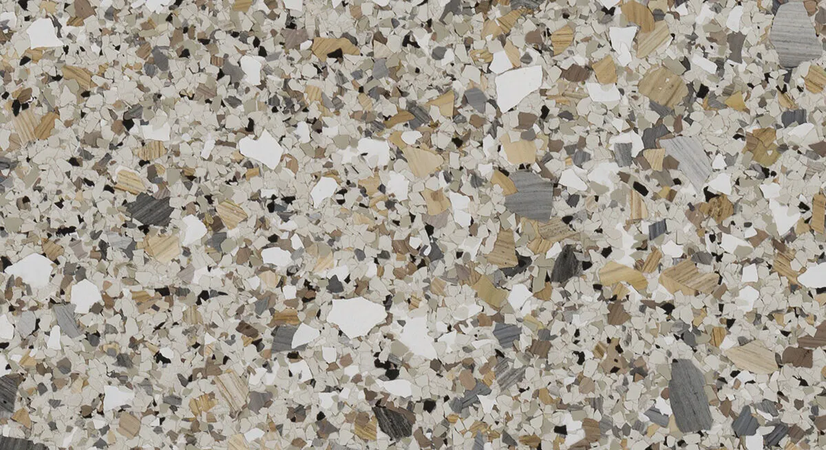 Quartzite hybrid epoxy floor coating color sample tan white brown gray chip blend