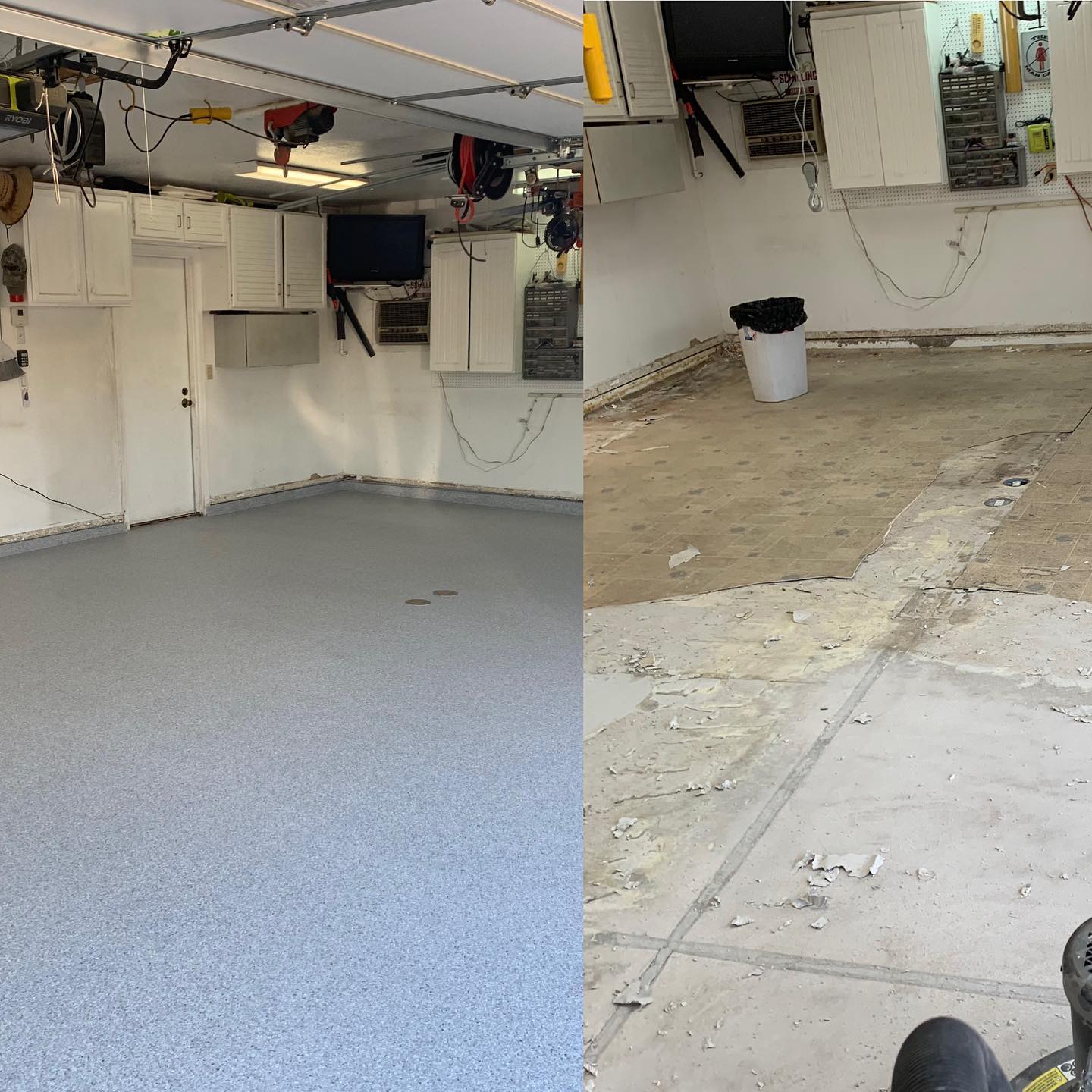 Residential garage before floor coating collage bare stained concrete tools equipment