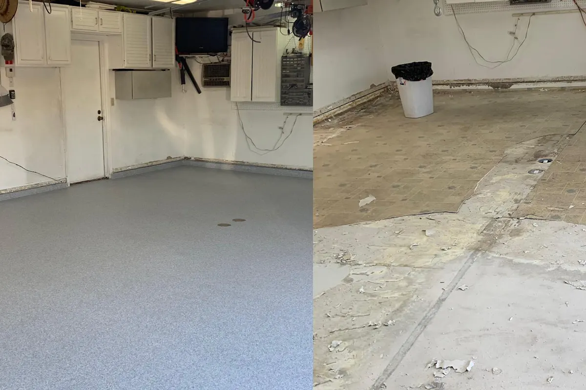 Residential garage before floor coating collage bare stained concrete tools equipment