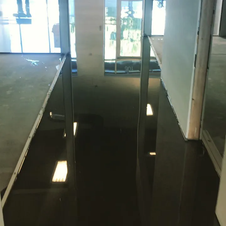 Commercial hallway corridor with glossy dark metallic epoxy floor coating glass doors