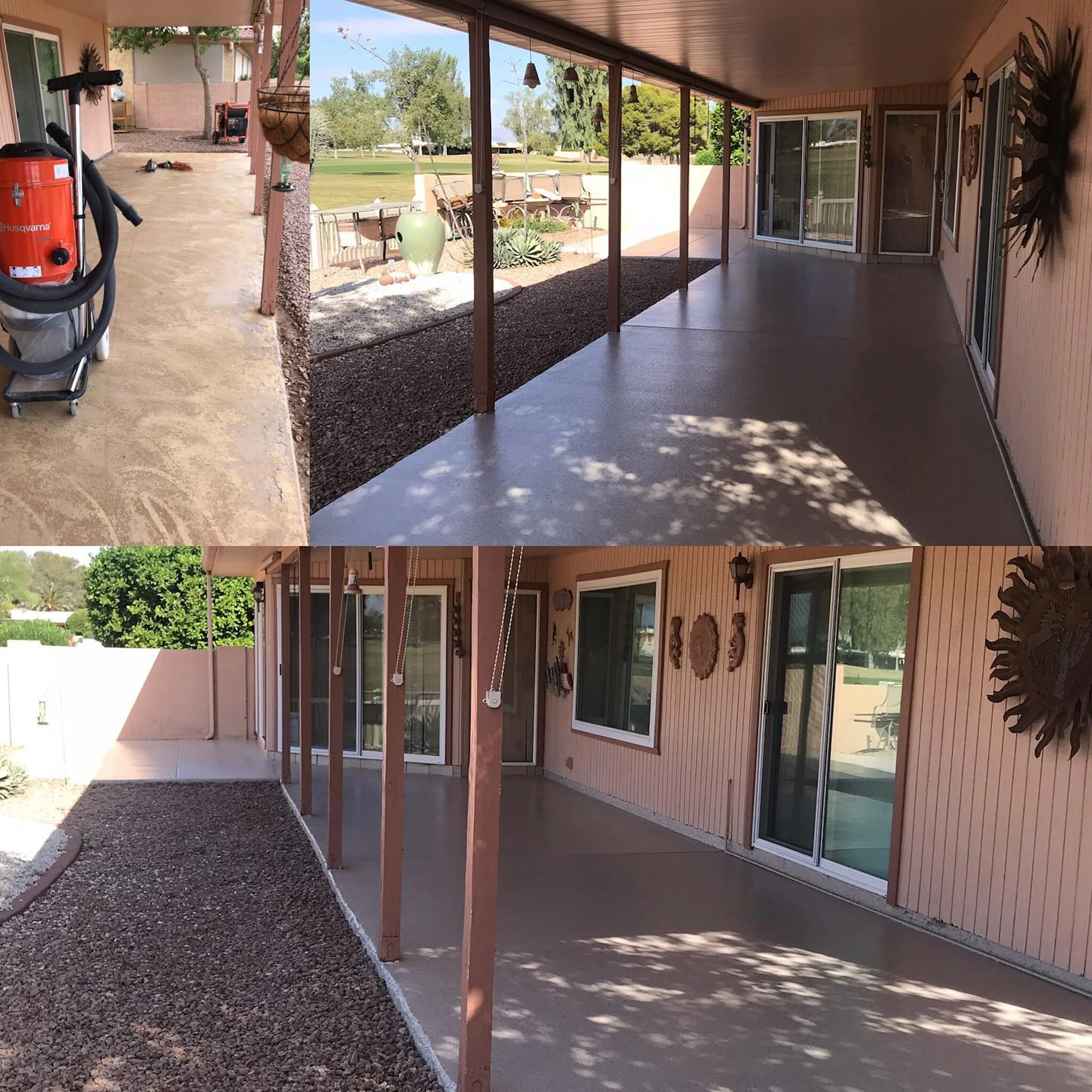 Residential covered patio walkway with solid dark Matte polyaspartic coating