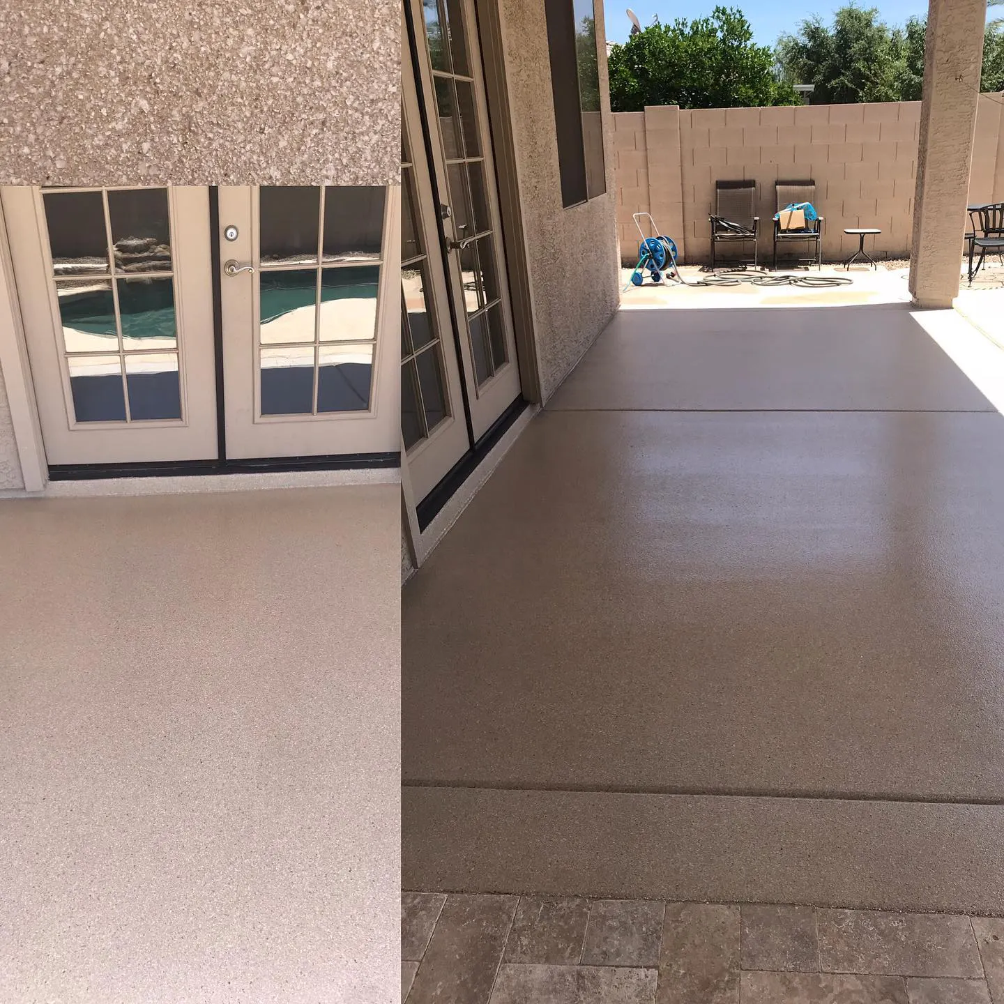 Residential pool deck patio with solid epoxy coating French doors pool visible Arizona