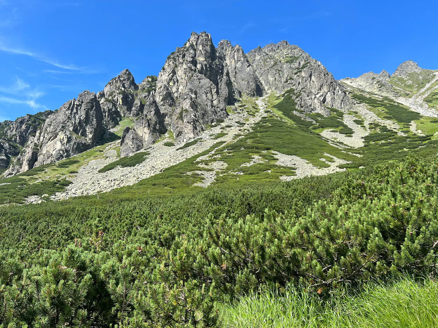Rocky peaks and meadows of the High Tatras under a clear sky