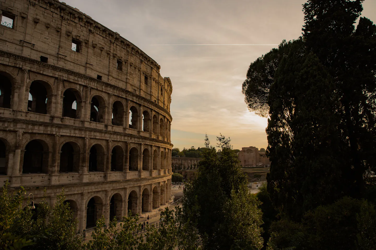 The tiered arches of the Colosseum under a golden evening sky, framed by Roman pines