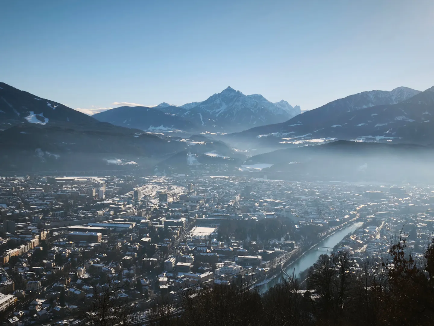 Innsbruck spread along its valley below the snow-covered peaks of the Nordkette