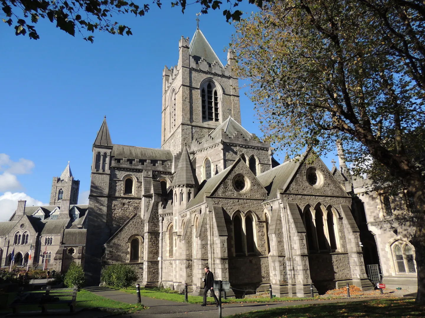 The Gothic stonework, arched windows and tower of Christ Church Cathedral in Dublin, framed by autumn trees