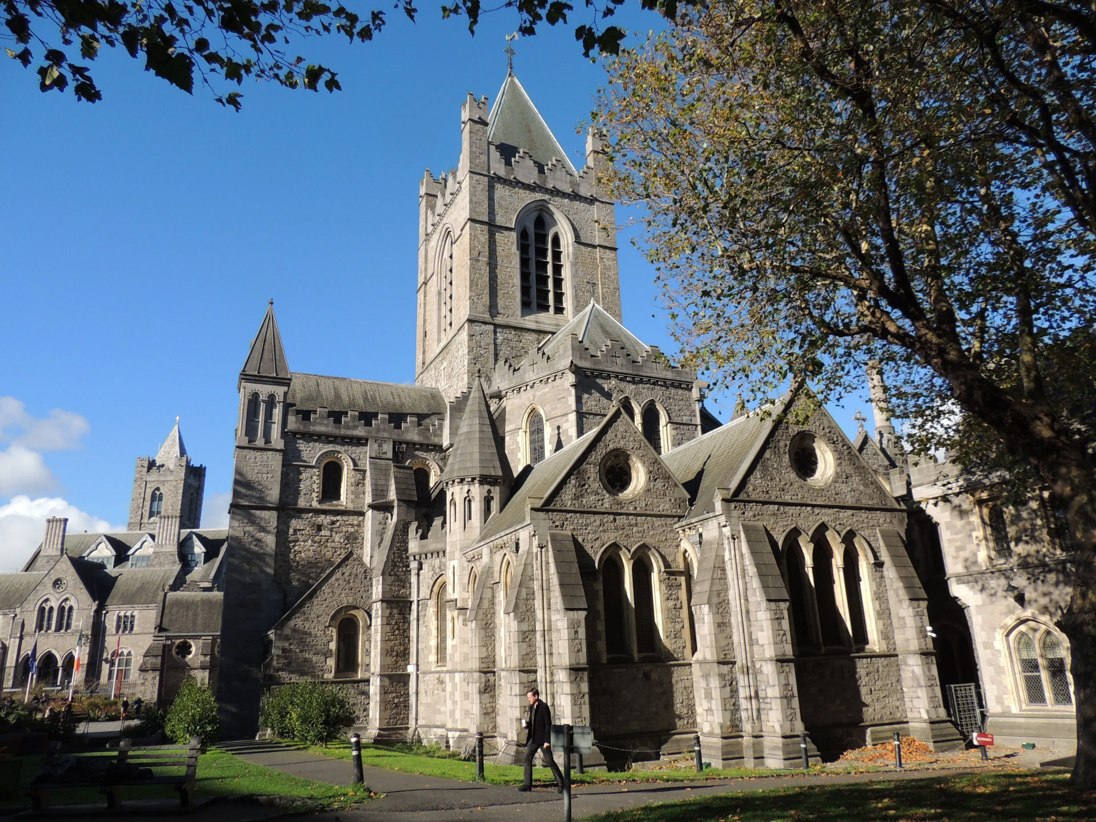 The Gothic stonework, arched windows and tower of Christ Church Cathedral in Dublin, framed by autumn trees