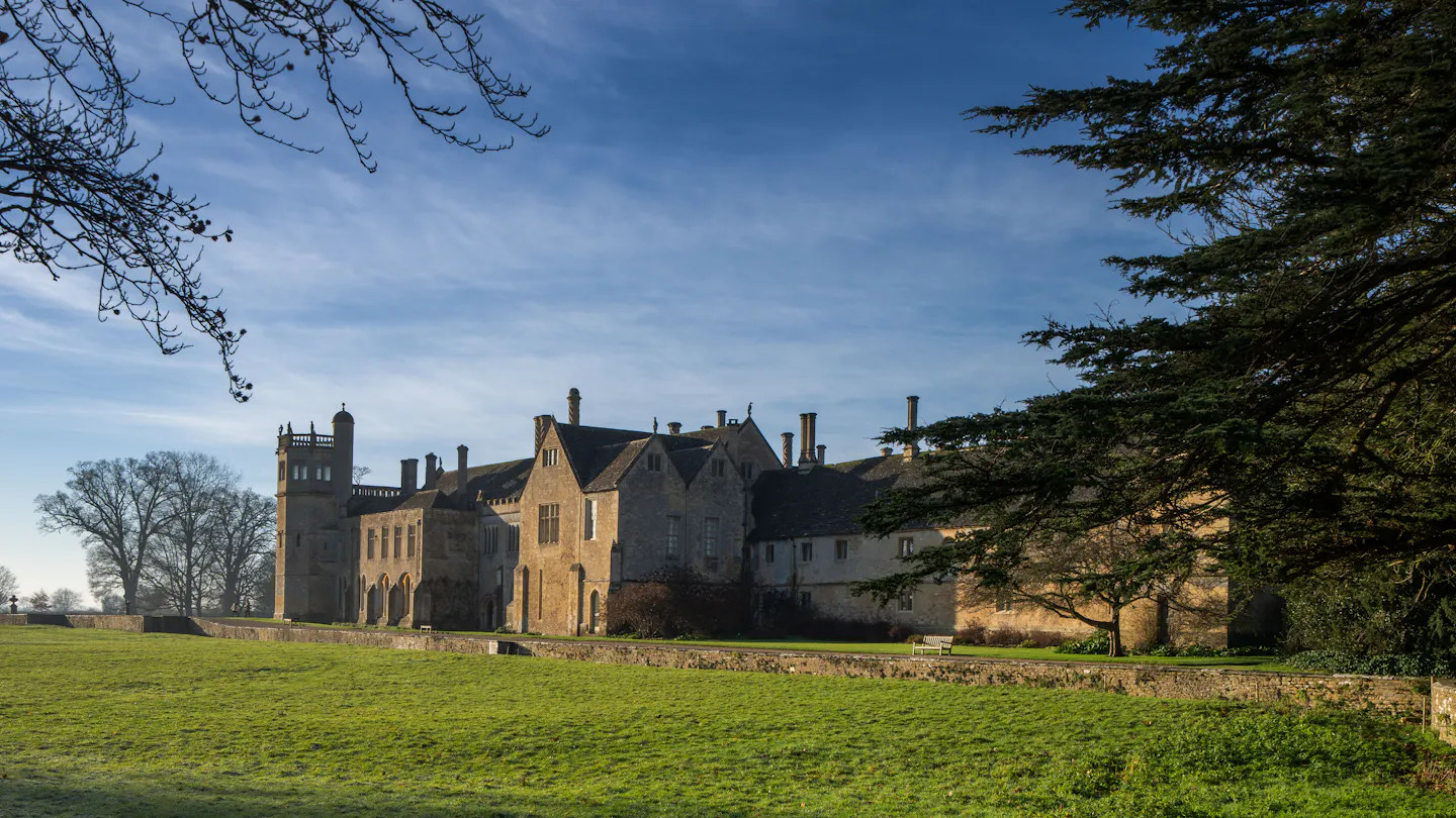 Lacock Abbey's long honey-stone range and octagonal tower in low winter sunlight, framed by a cedar bough, with frosted green lawn and a clear blue sky