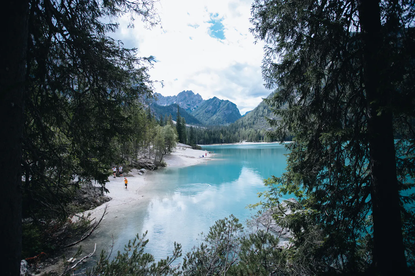 A turquoise alpine lake framed by evergreen trees, with jagged mountain peaks behind