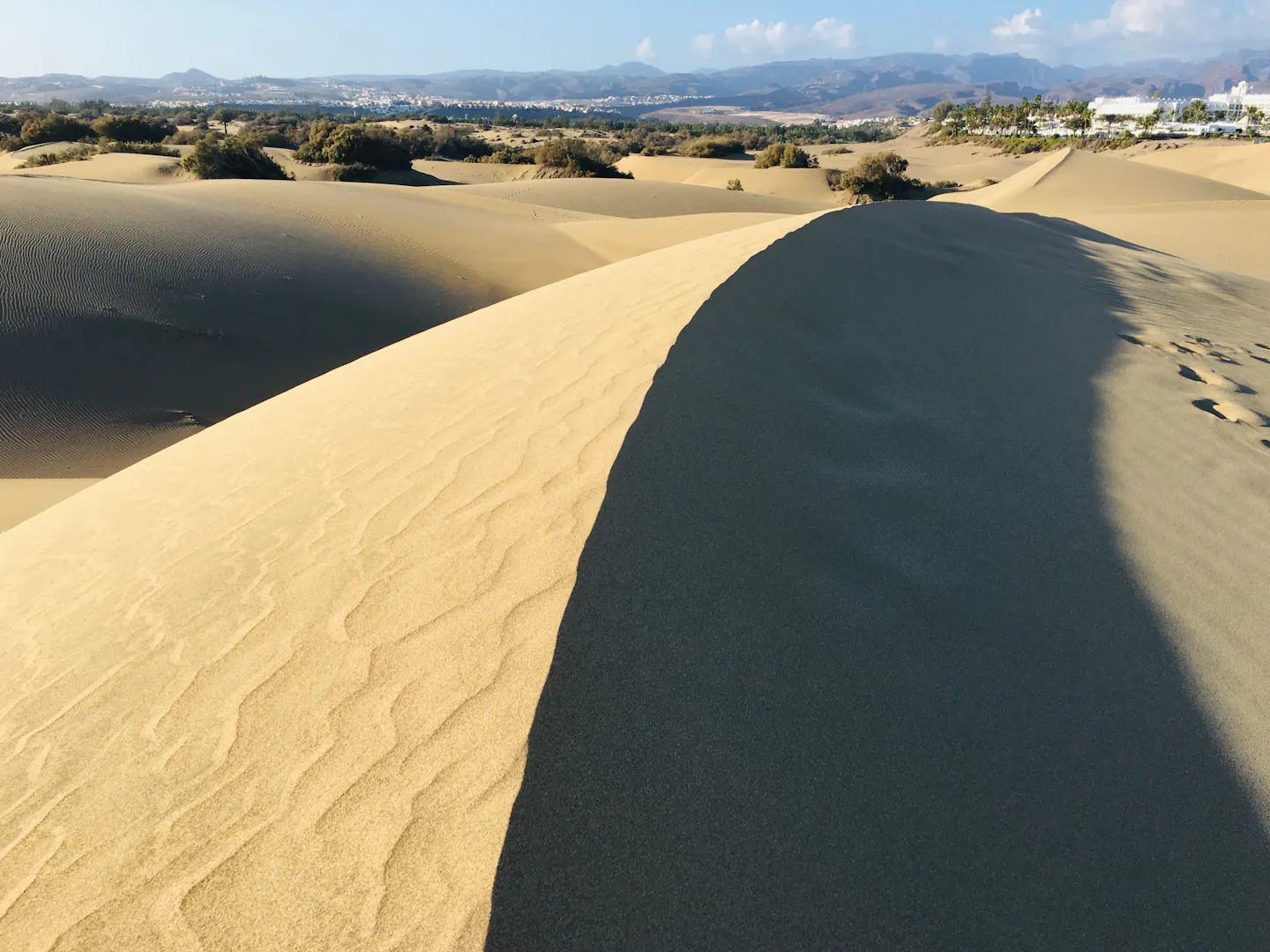 Rippled sand dunes at Maspalomas on Gran Canaria under a clear blue sky