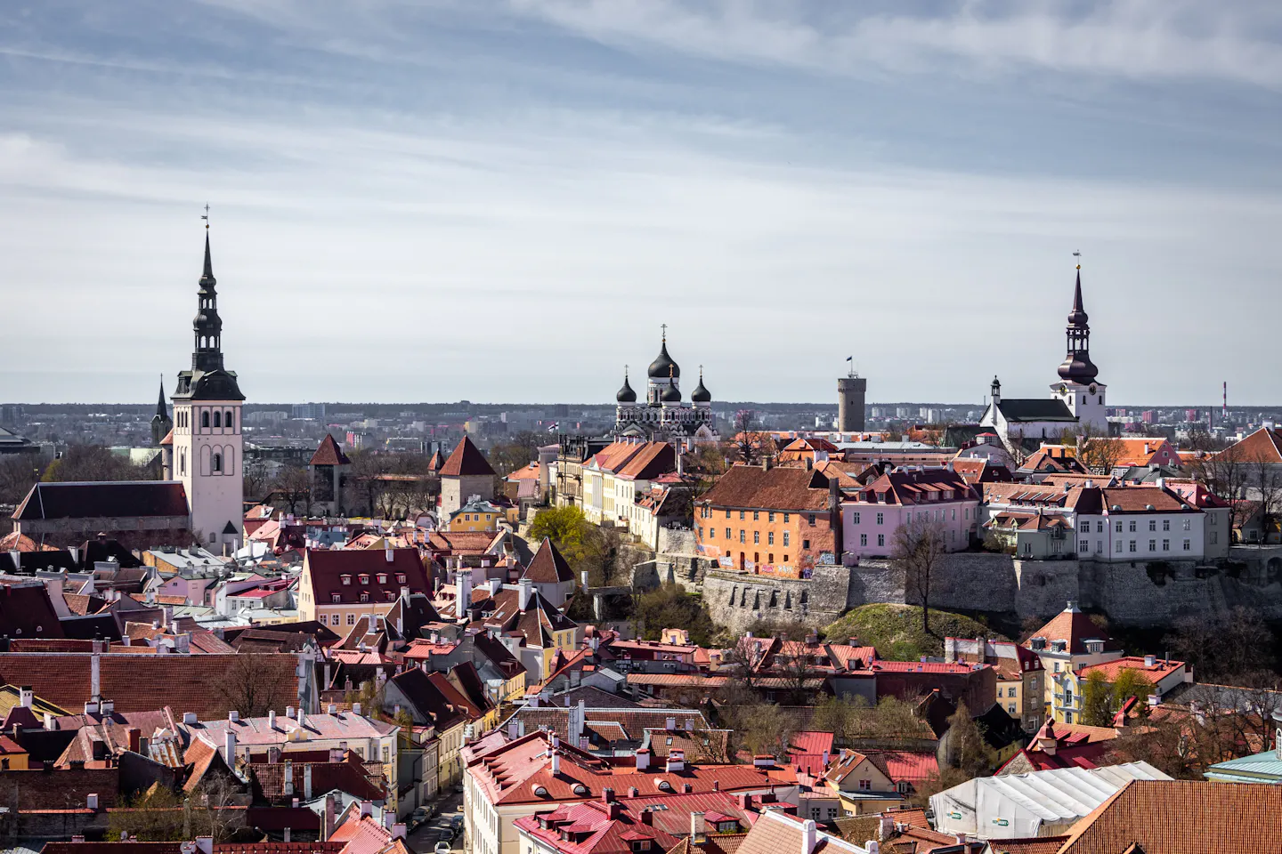 Church spires and red-tiled roofs of Tallinn's Old Town seen from Toompea hill
