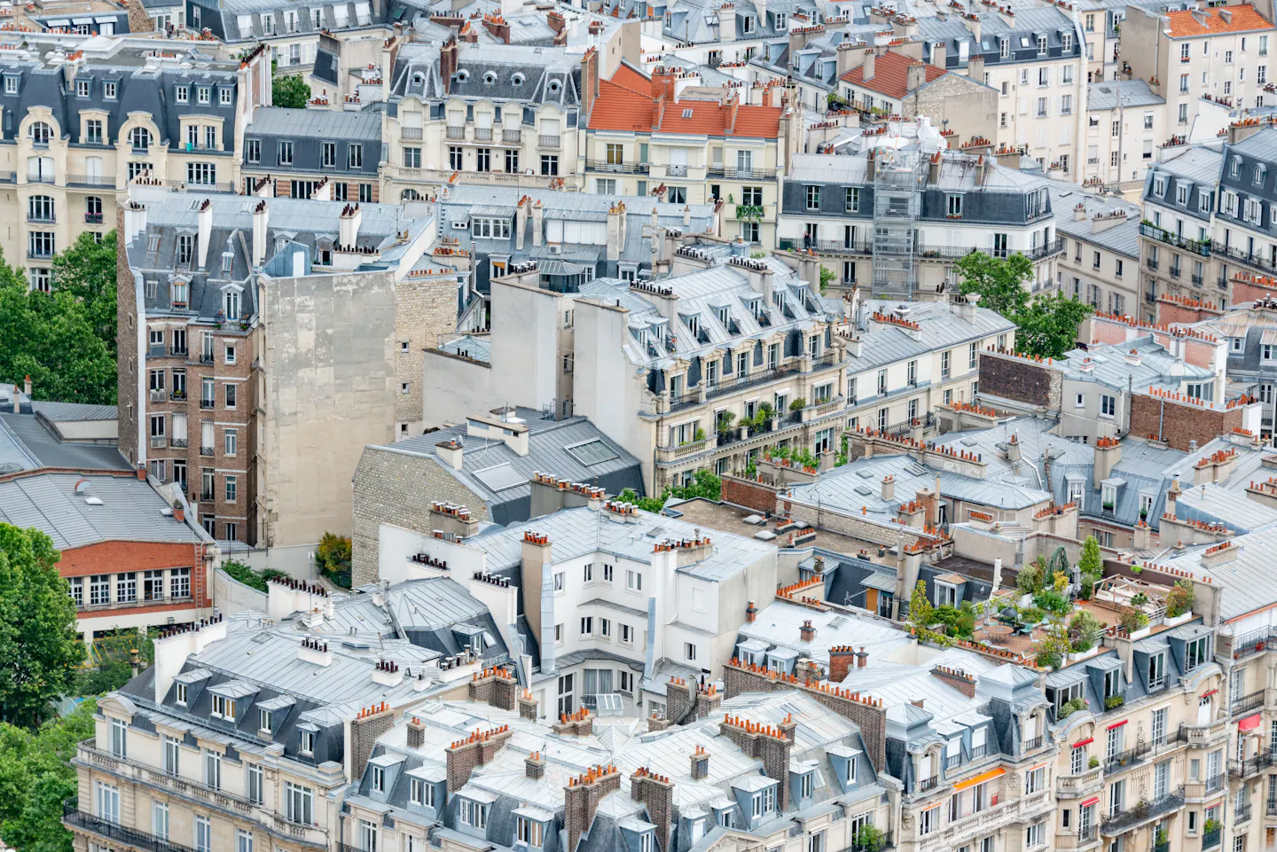 Zinc rooftops, chimney pots and planted roof terraces of central Paris seen from above