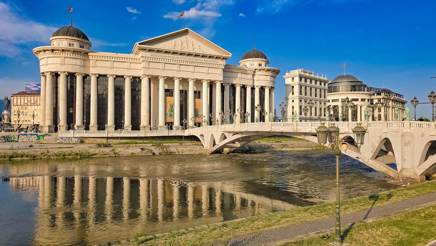 Skopje’s Archaeological Museum and Stone Bridge over the Vardar River in North Macedonia