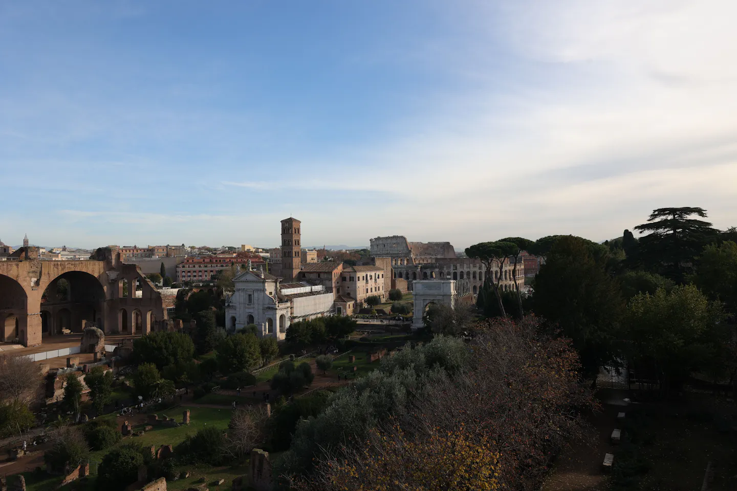 The Roman Forum and the Colosseum seen from the Palatine Hill on a clear autumn day