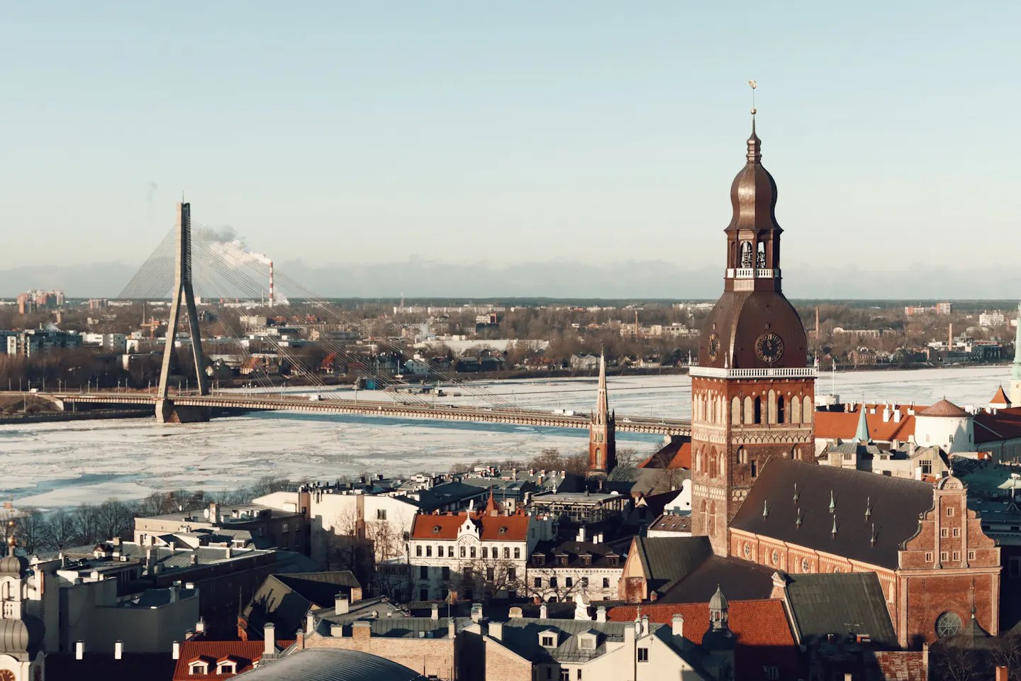 Winter aerial view of Riga, Latvia, with the frozen Daugava, the bridge and Riga Cathedral