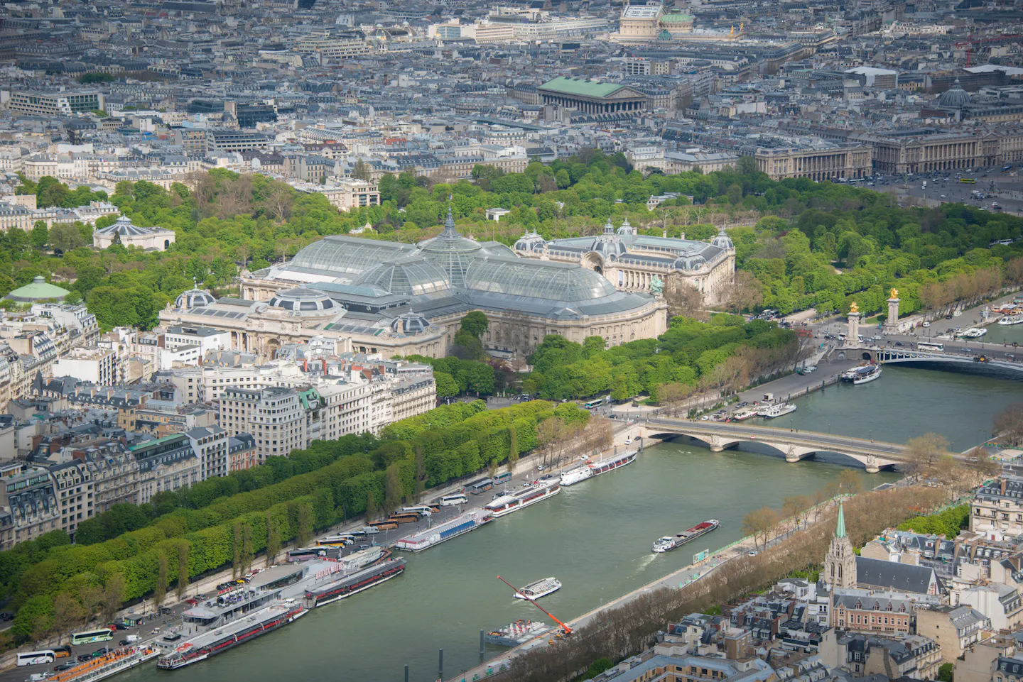 The glass roof of the Grand Palais surrounded by summer trees beside the Seine, seen from above