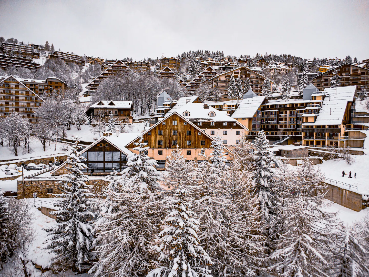 Snow-covered chalet village in Courchevel 1850, France