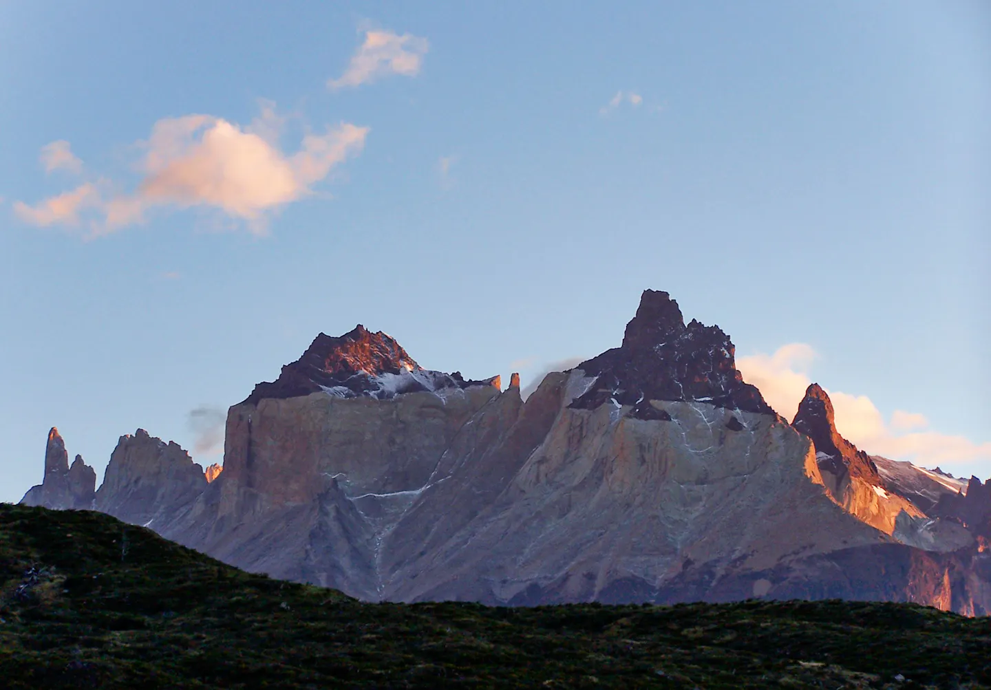First light catching the Cuernos del Paine above the Patagonian steppe