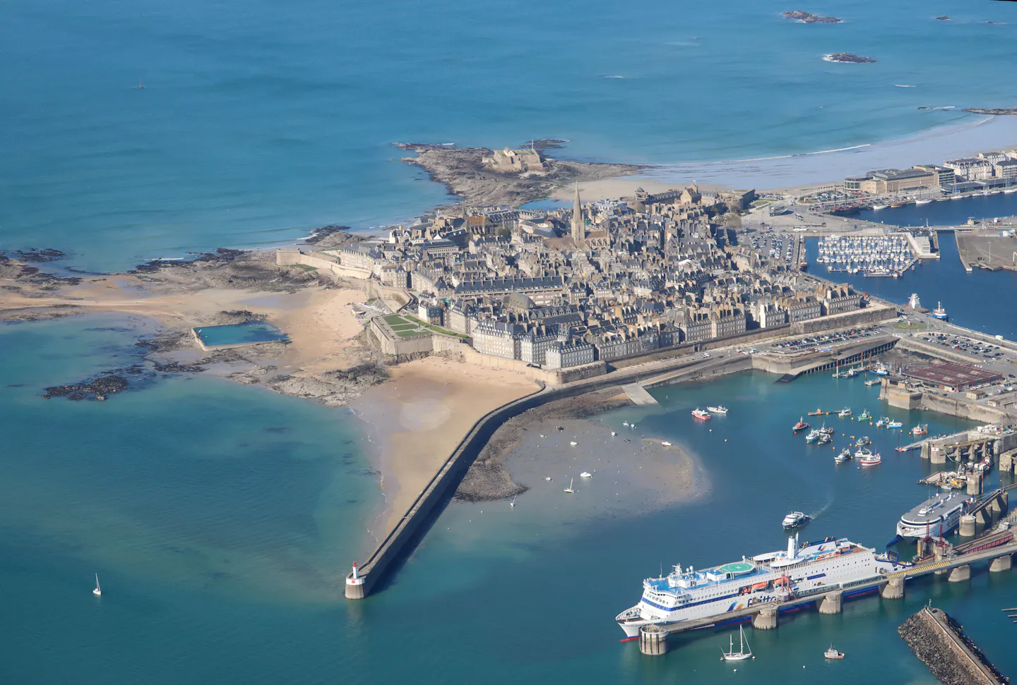 Aerial view of the walled city of Saint-Malo and its coastline in Brittany