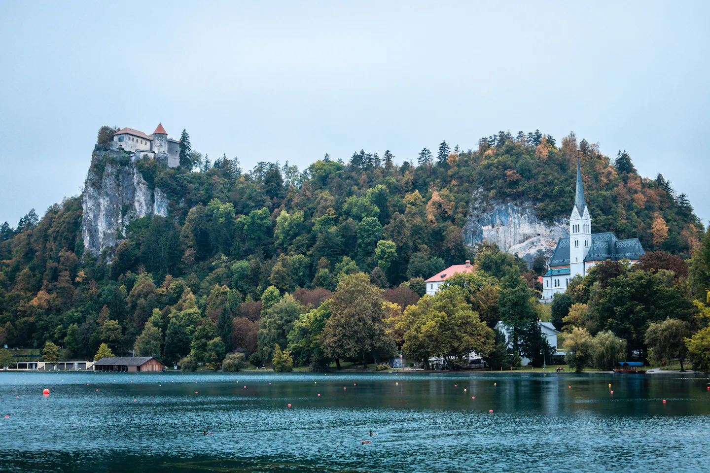 Bled Castle and the island church above Lake Bled, Slovenia