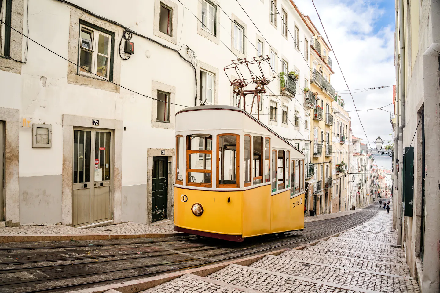 A yellow Lisbon tram on a steep cobbled street running down towards the Tagus