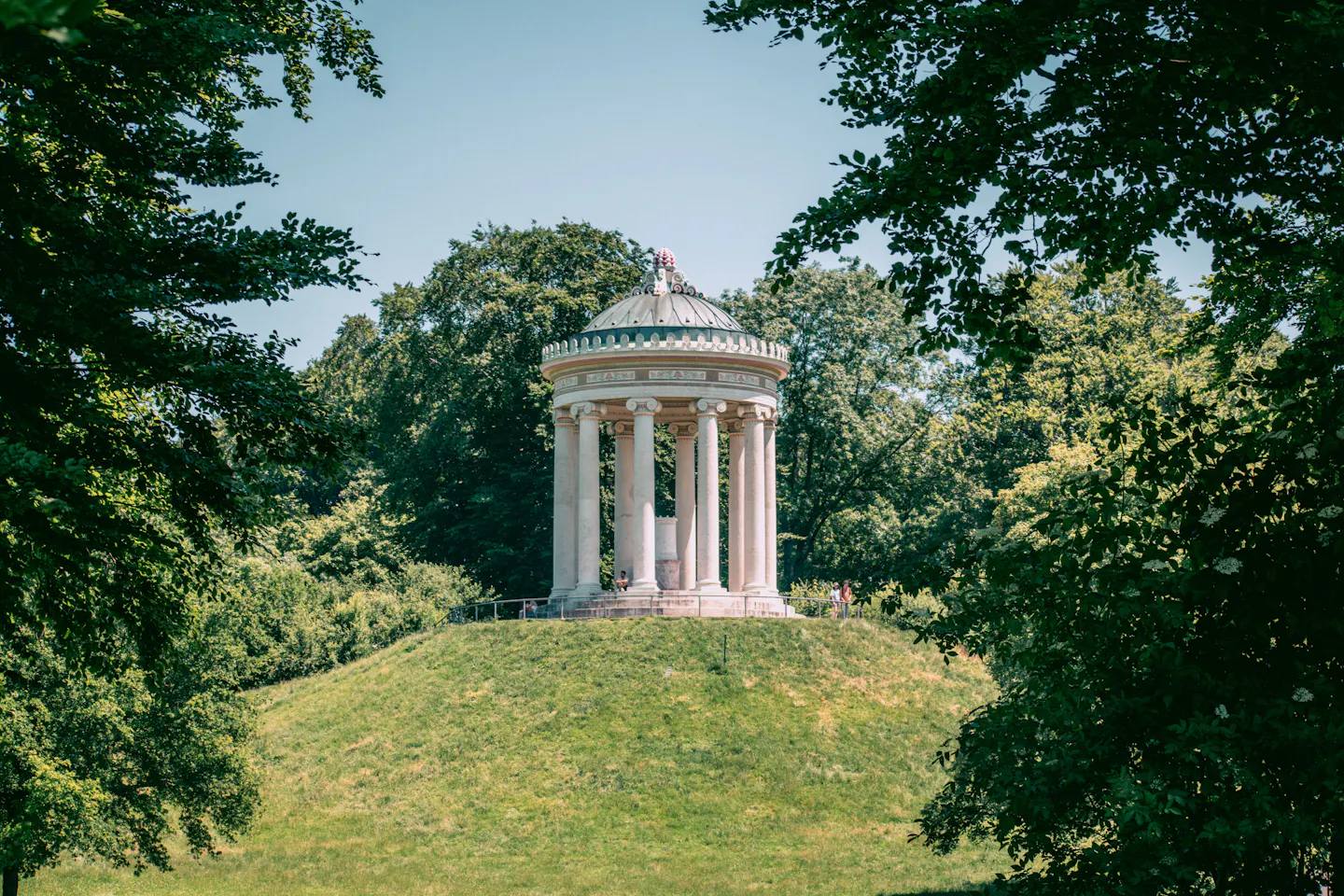 The Monopteros temple on its green mound framed by tall trees in Munich's English Garden