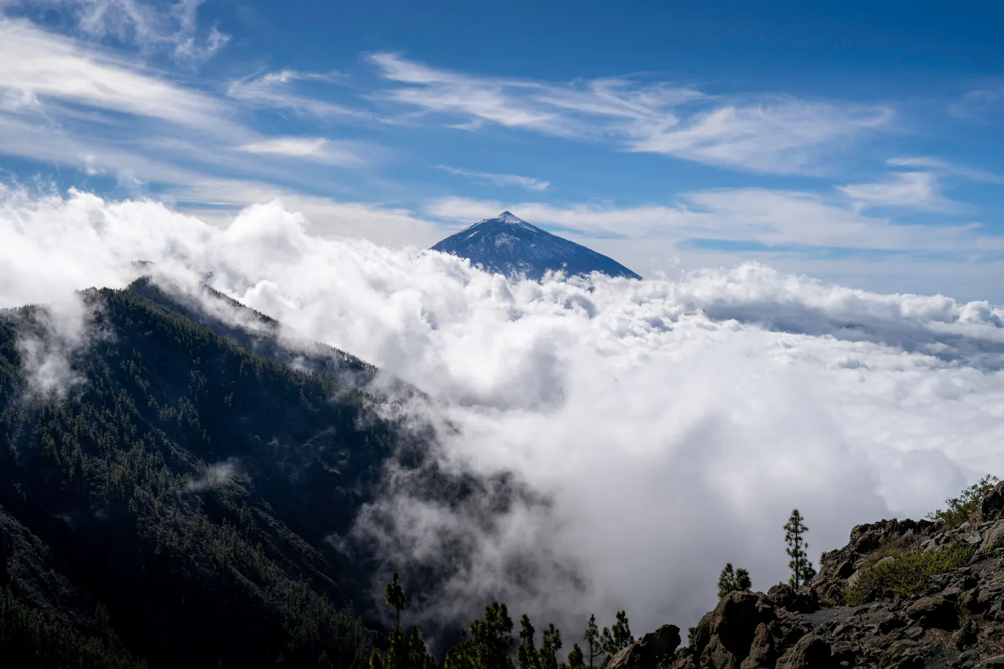 Mount Teide on Tenerife rising above a sea of cloud in clear light