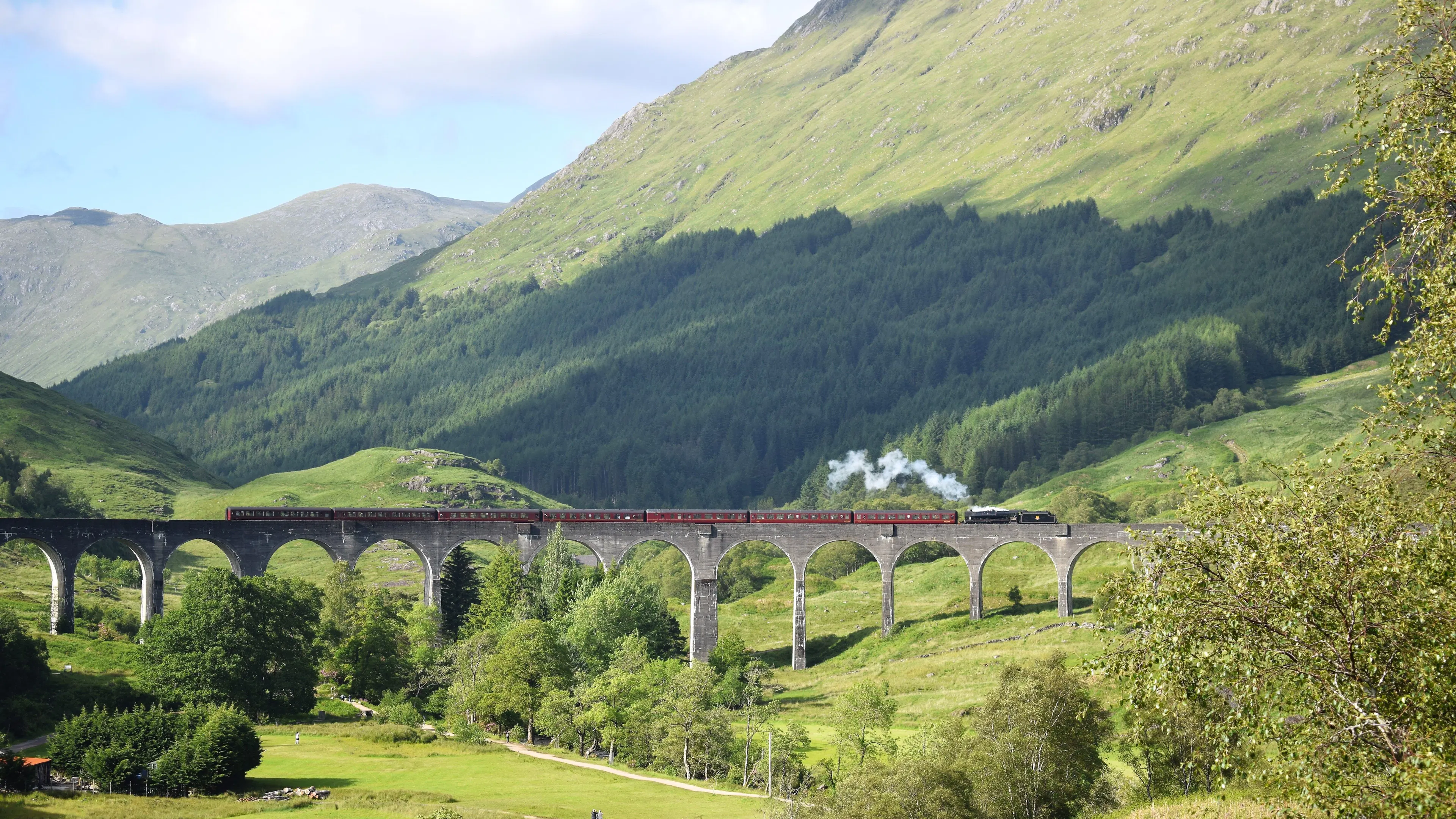 A steam train crossing the arches of the Glenfinnan Viaduct above a green Highland glen