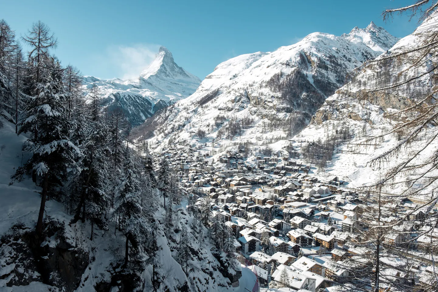 Snow-covered Zermatt village beneath the Matterhorn in the Swiss Alps