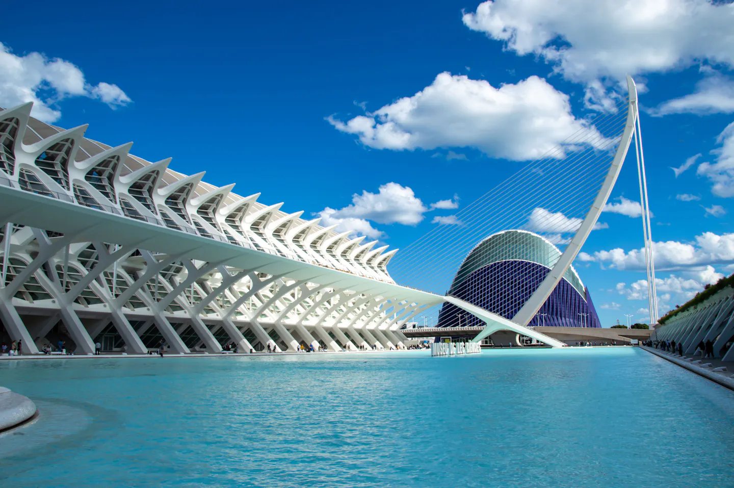 The white lattice structures of Valencia's City of Arts and Sciences reflected in turquoise pools