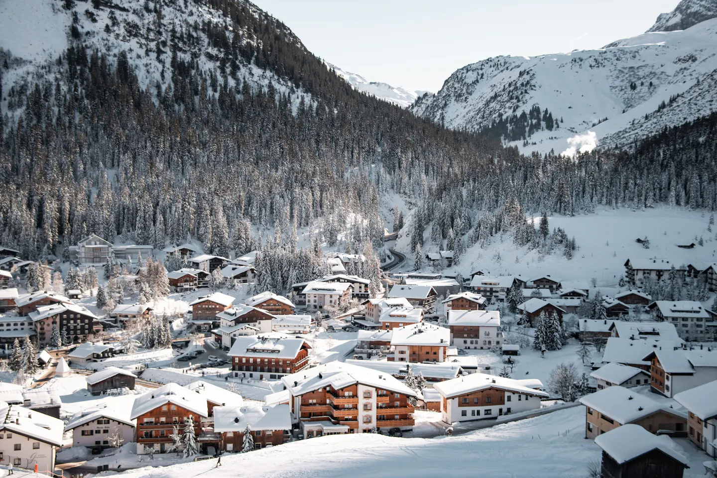 Snow-covered Lech Zürs, Austria, below Alpine peaks