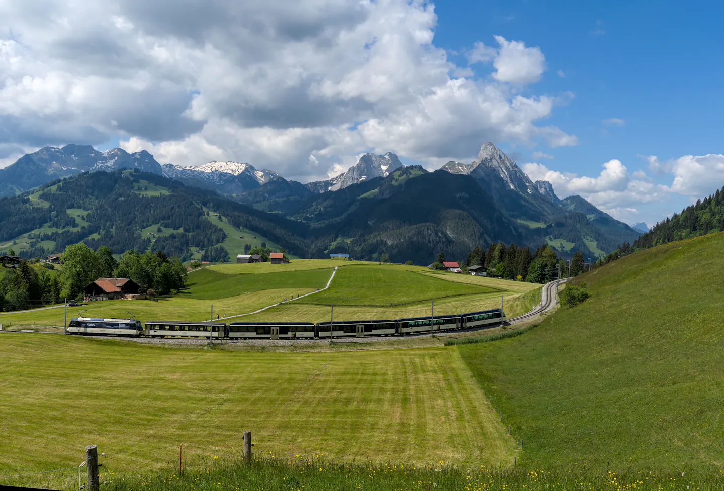 A panoramic train curving through bright green meadows below the Swiss Alps