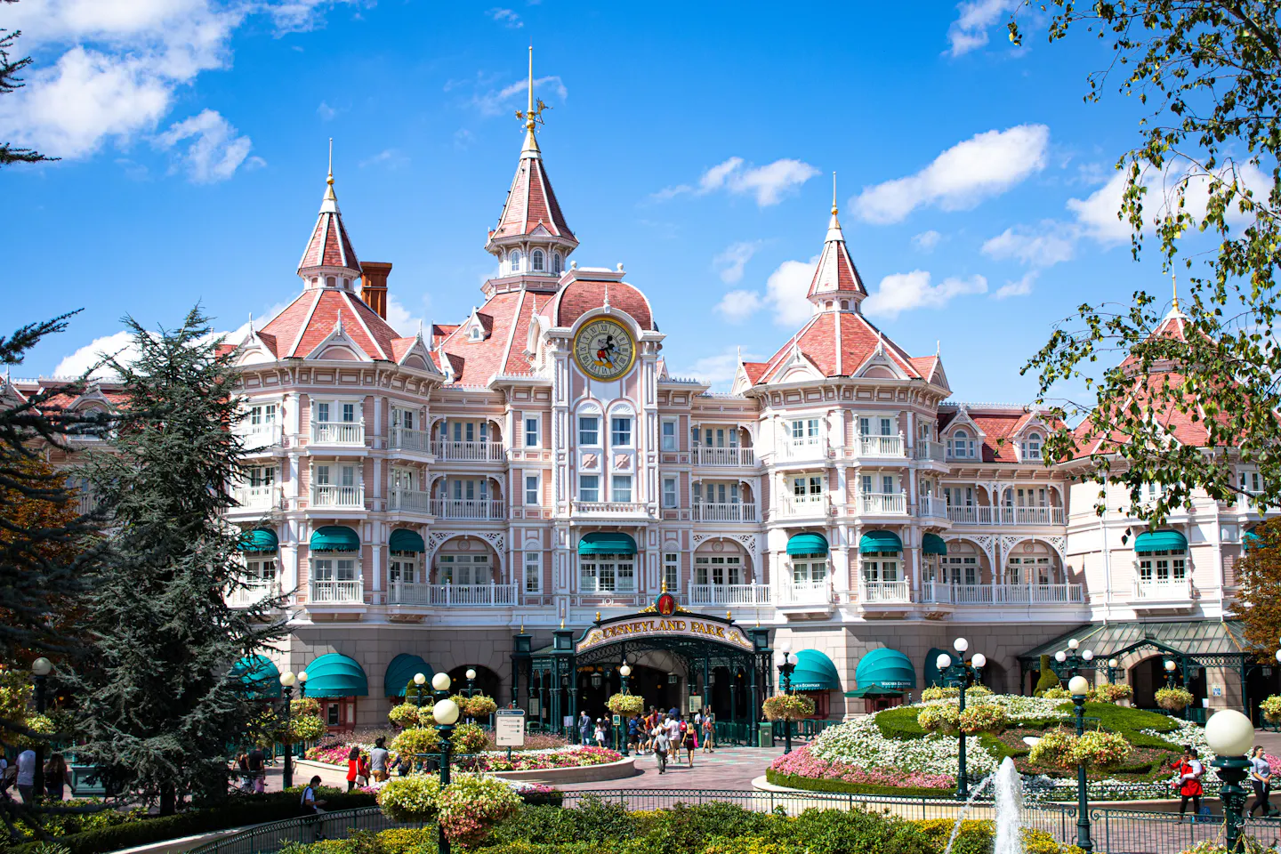 Disneyland Hotel entrance at Disneyland Paris in bright daylight