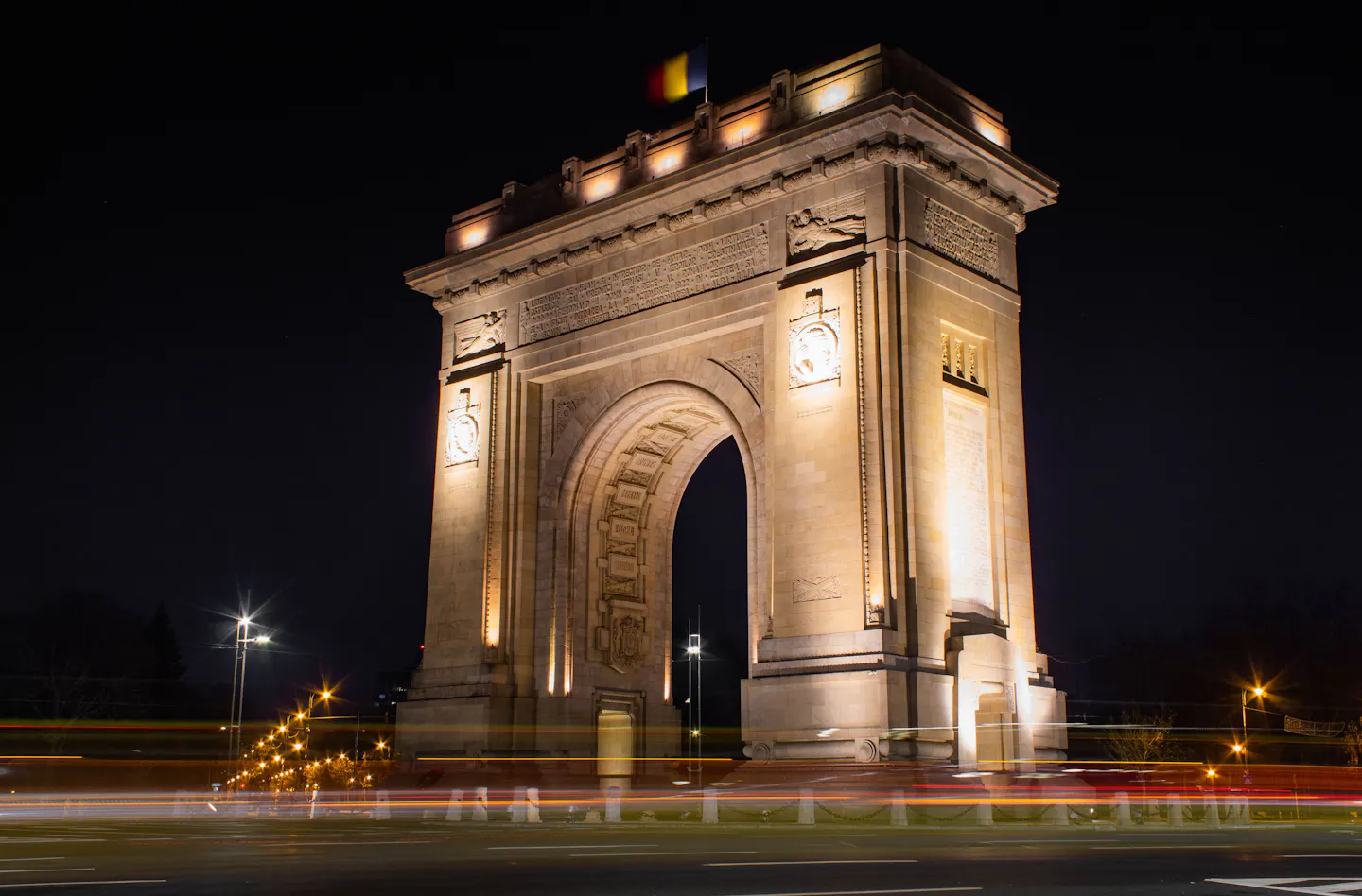 Bucharest’s illuminated Triumphal Arch at night