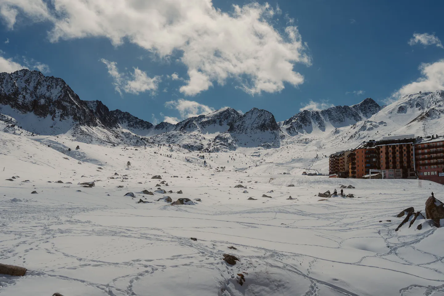 Snow-covered slopes and resort buildings in Pas de la Casa, Andorra
