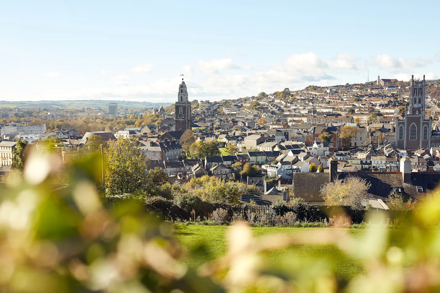 Cork city viewed from a hillside, with church towers and rooftops