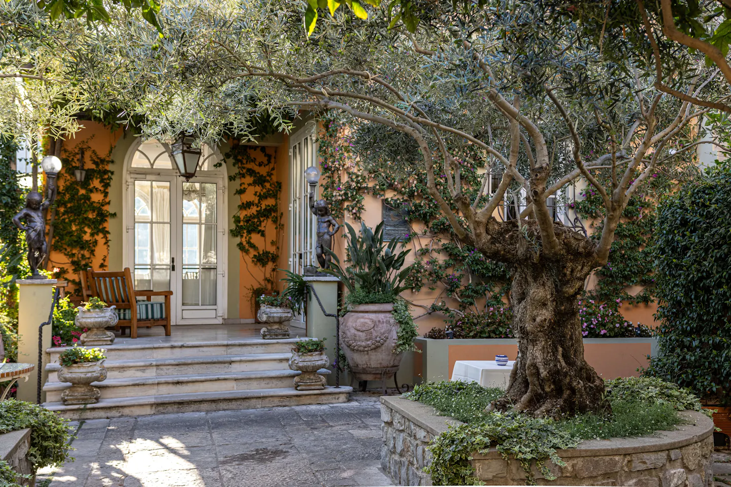 A sheltered Mediterranean hotel garden courtyard: an old olive tree in a stone bed, apricot walls hung with ivy and bougainvillea, carved stone urns of flowers on the steps and a laid table by the arched glass doors