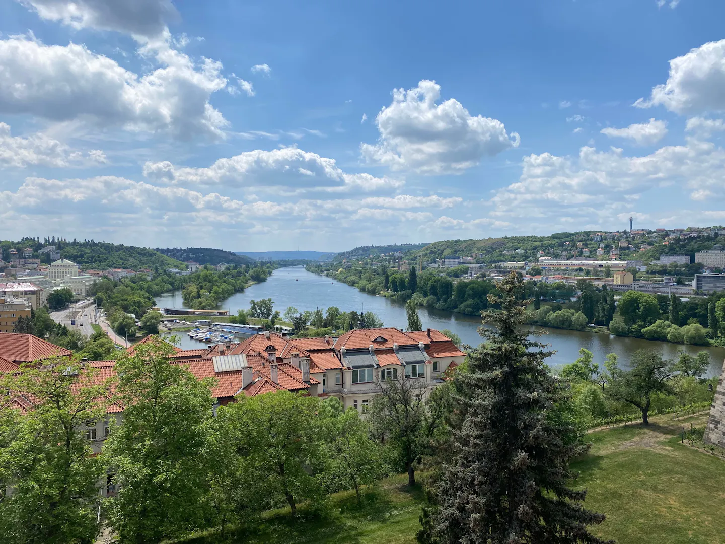 The Vltava seen from a green hillside above Prague, red-roofed houses and wooded banks on both sides, the river curving away toward hills under a bright blue sky with big clouds
