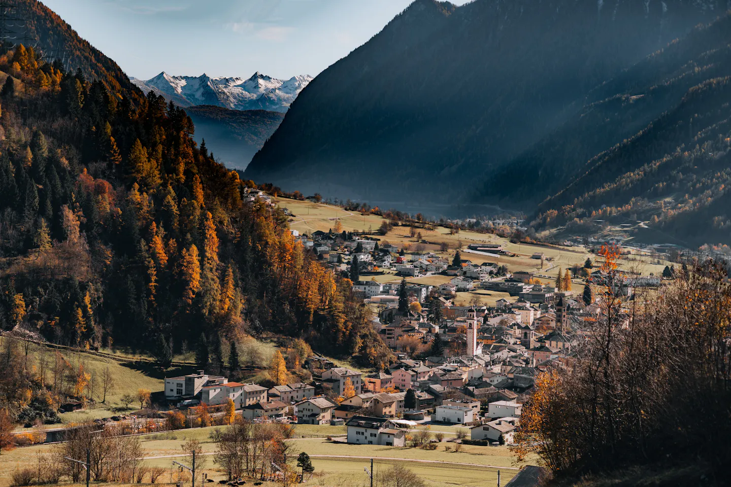 An Alpine town in a broad valley, golden larch forests on the slopes and snow-dusted peaks beyond