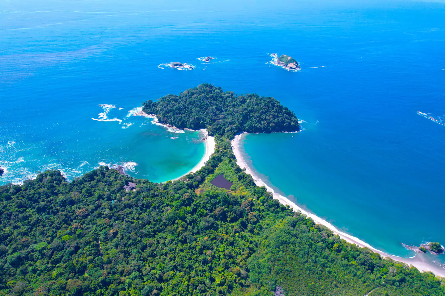 Aerial view of forested Punta Catedral and beaches on Costa Rica’s Pacific coast