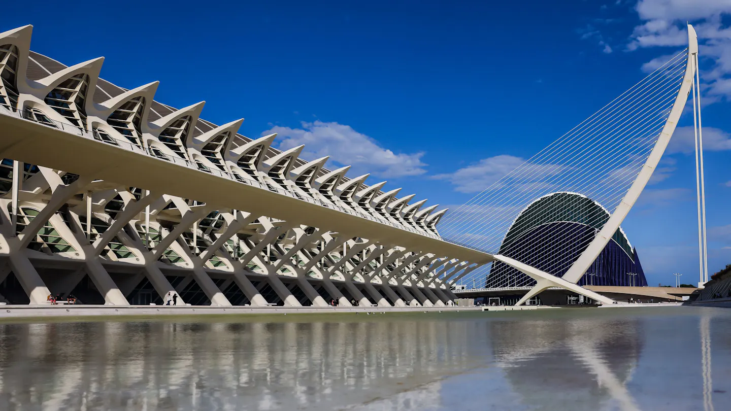 Valencia’s City of Arts and Sciences beside its reflecting pool under a bright winter sky
