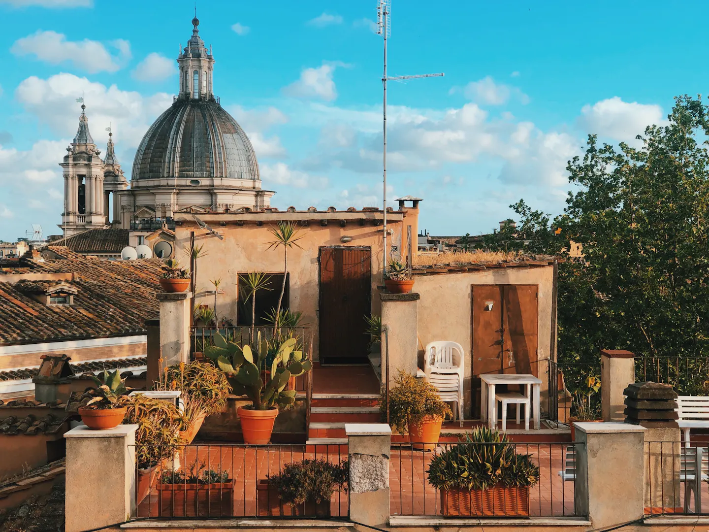 A Roman roof terrace lined with terracotta pots and cacti in late-afternoon light, with a baroque dome and bell tower rising behind the tiled roofs