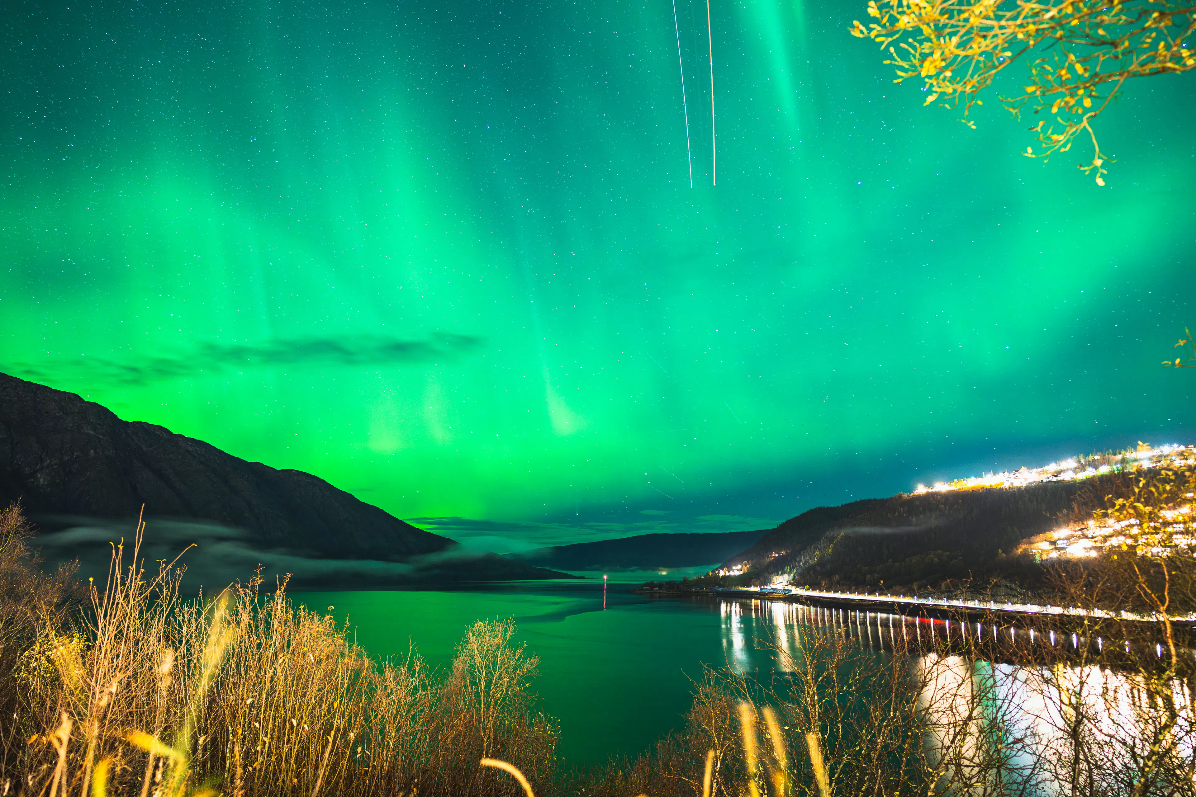 Bright green aurora filling the sky above a Norwegian fjord, with town lights strung along the far shore