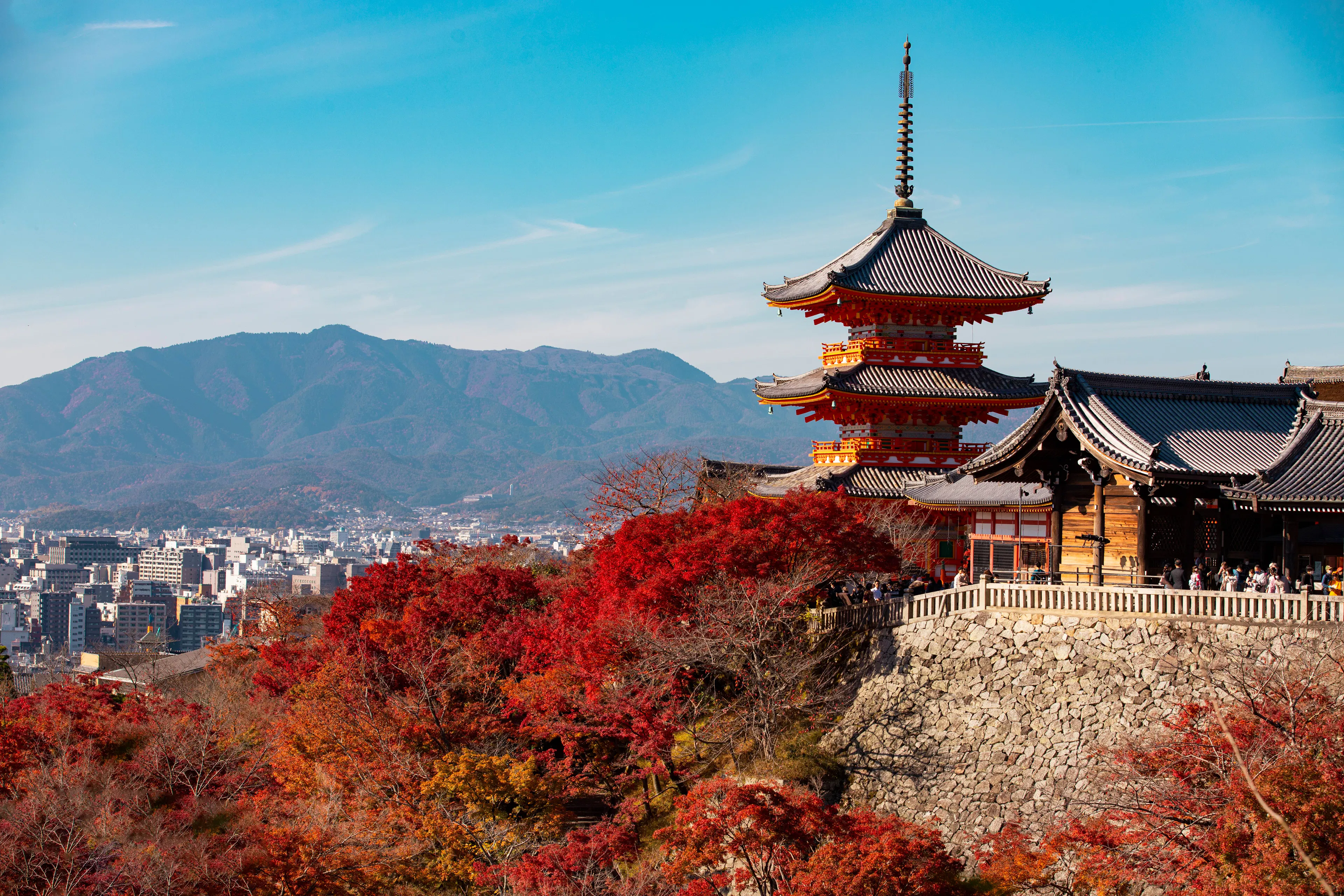The pagoda and main hall of Kiyomizu-dera above red maples in Kyoto under a blue autumn sky