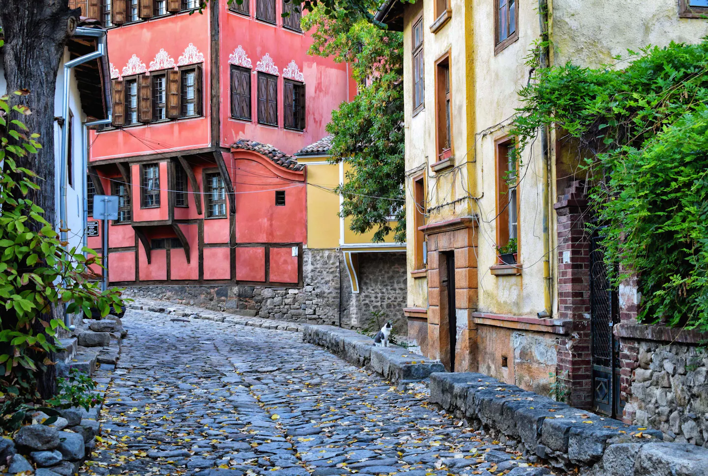 Cobbled street lined with Bulgarian Revival houses in Plovdiv's old town
