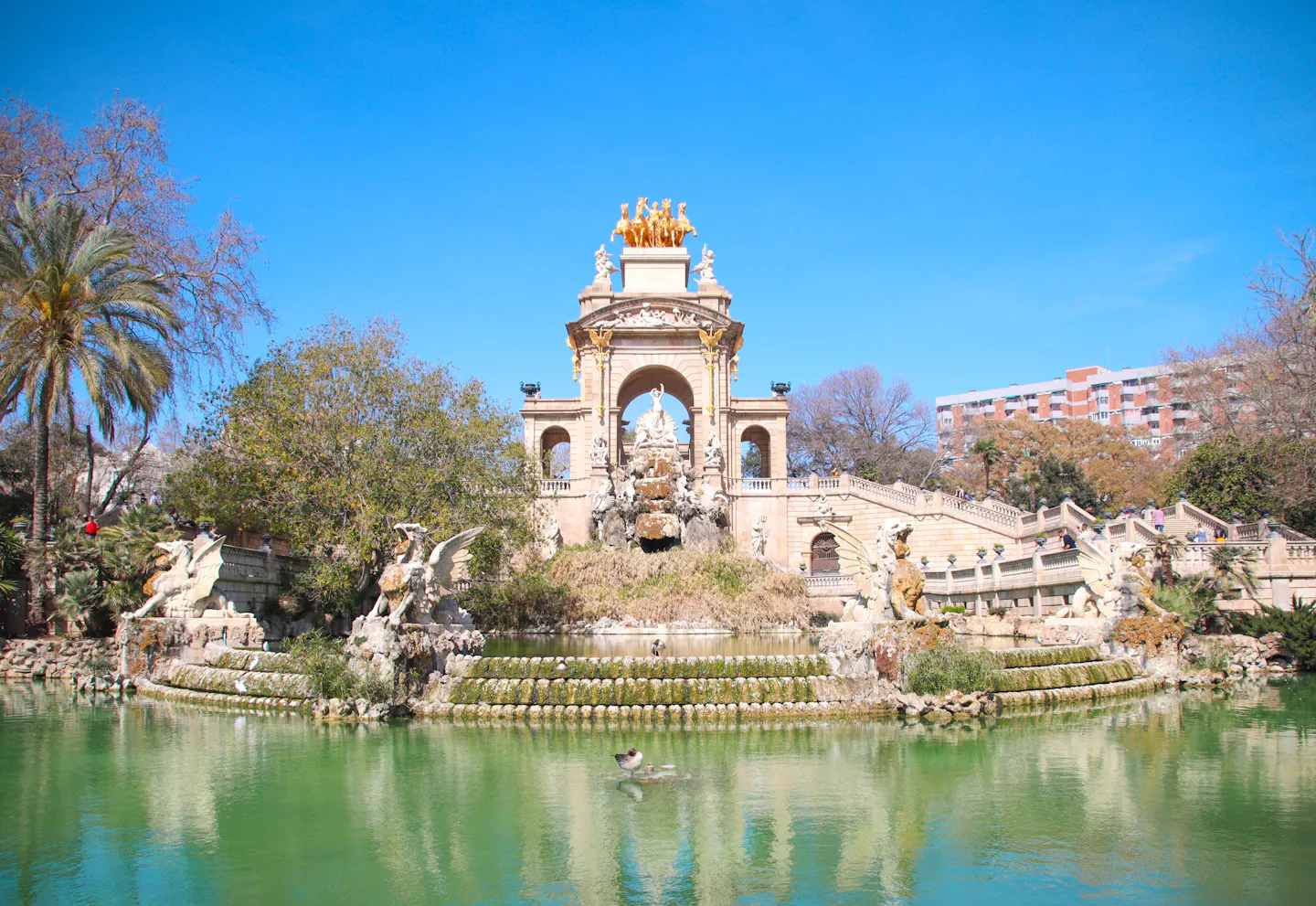The Cascada Monumental fountain and its golden quadriga above the lake in Parc de la Ciutadella