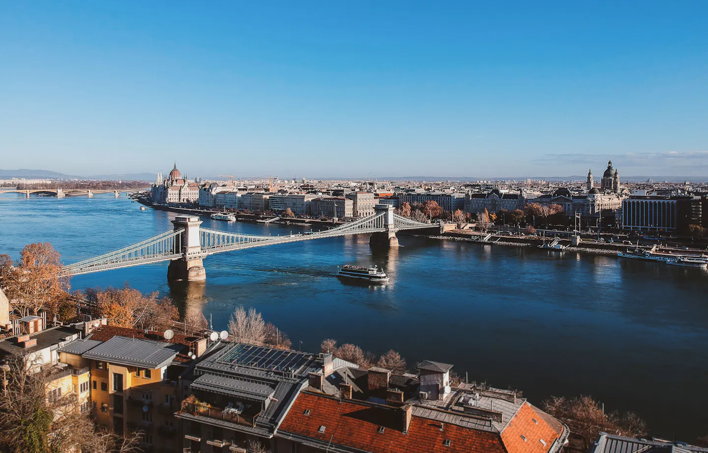 Budapest panorama over the Danube with the Chain Bridge, the Hungarian Parliament and autumn trees