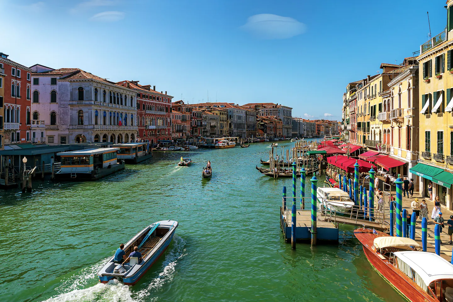 Boats and a gondola on Venice's Grand Canal between colourful palazzi under a clear blue sky