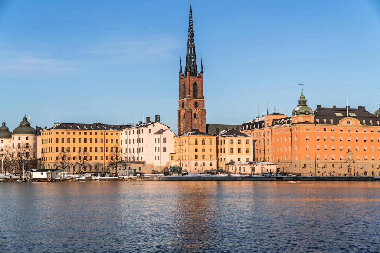 Stockholm's historic waterfront buildings reflected in the water