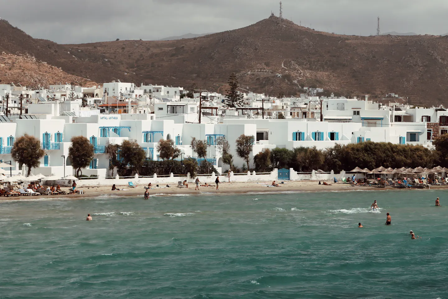 Whitewashed Cycladic buildings above the Aegean Sea on Naxos, Greece